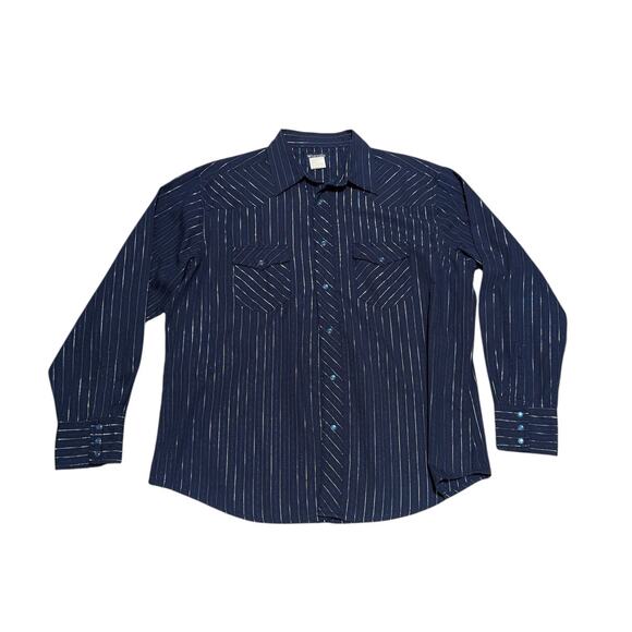Vintage Wrangler Western Pearl Snap Button Down Shirt Navy Blue Mens X-Large XL - Picture 1 of 3